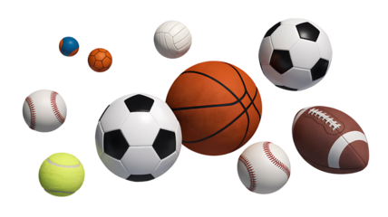 Variety of sports balls in dynamic arrangement 
