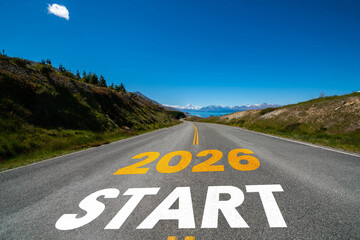 2026 New Year road trip travel and future vision concept . Nature landscape with highway road...