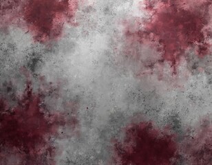 Textured background with abstract burgundy, grey paint splatters. Irregular shapes, marks create distressed, artistic, mottled surface effect. Digital art provides grunge vintage aesthetic for design
