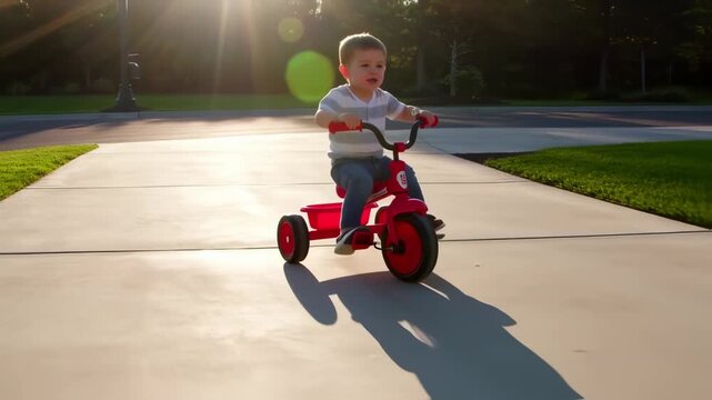 Cute Little Boy Riding a Red Tricycle on a Sunny Driveway Enjoying a Fun Childhood Moment
