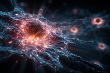 An abstract artistic visualization resembling an energetic core or cellular structure at the moment of activation.  