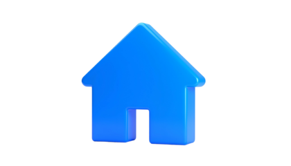 3D blue house icon, glossy, on a black background. Minimalist design, simple shape