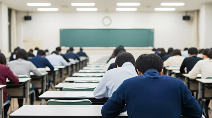 Japanese University Entrance Examination Scene - Students Concentrating in a Large Lecture Hall