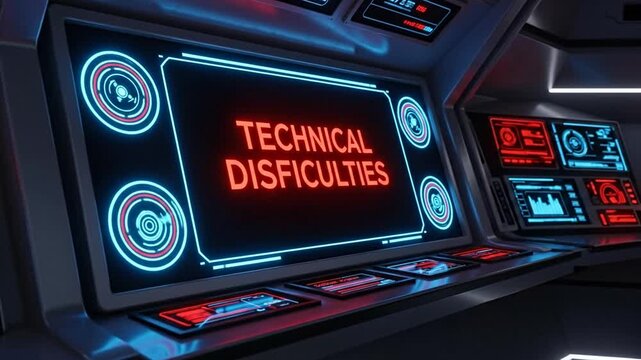 Technical Difficulties Display: A futuristic digital screen flashes the urgent message 'Technical Difficulties' in a high-tech control panel setting.