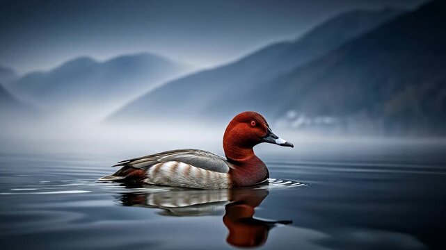 A beautiful duck swimming in the lake with mountains in the background.