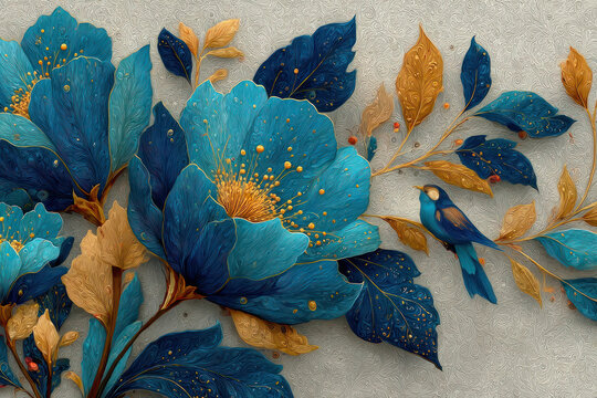 A decorative illustration featuring large blue flowers and a graceful bird, executed in the style of relief painting and digital bas-relief.  