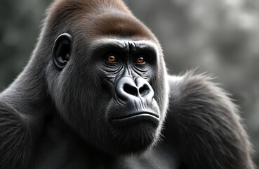 Obraz premium Close up portrait of a dominant silverback gorilla with piercing orange eyes in its natural jungle habitat. The powerful primate gazes intently forward. This majestic mammal shows its strength.