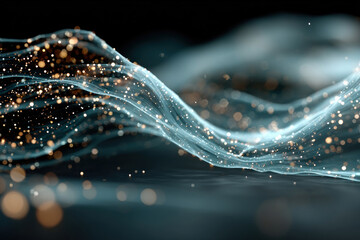 An abstract composition of translucent light waves and glowing particles against a dark background.  