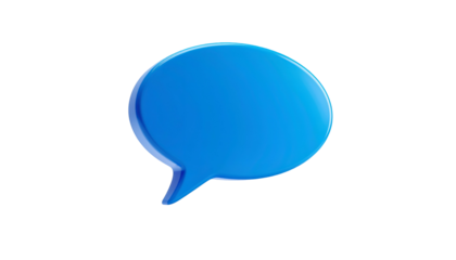 A glossy, blue, 3D speech bubble floats against a pure black background