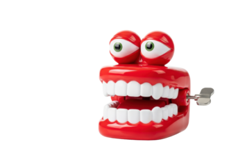 photorealistic studio shot of a classic wind-up chattering teeth toy with glossy red plastic, oversized white teeth, and silly googly eyes, on a reflective white surface with copy space, concept for