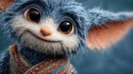 Blue, furry creature with large eyes and a patterned scarf, smiling