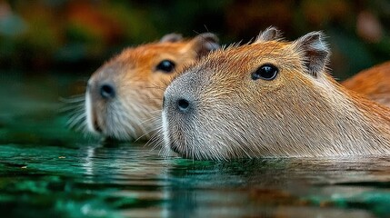 Two semi-aquatic rodents swim with heads above turquoise water