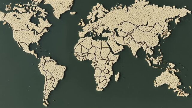Vintage world map animation with textured paper continents, antique cartography style on dark background, global geography motion graphic for travel and history