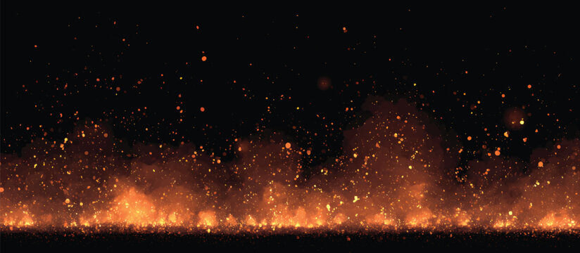 Vector art fiery embers and particles over a black background