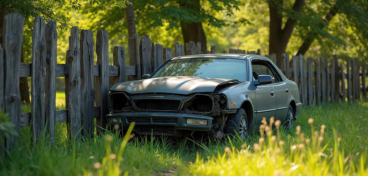 Damaged car rests near old weathered wooden fence in overgrown grassy yard. Vehicle shows front end destruction, broken grille missing headlights. Trees and leaves form background.