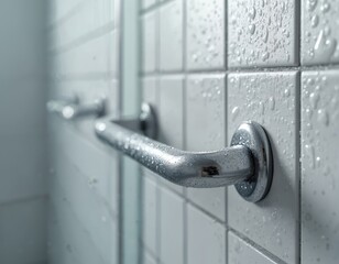 Chrome safety bars wet with water droplets inside tiled shower stall. Bathroom grab rails offer support and prevent falls. Aids mobility and independence in wet areas.