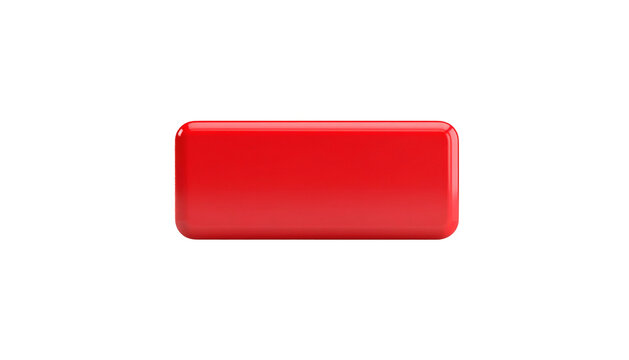 A glossy, red rectangular button with rounded corners, against a solid black background