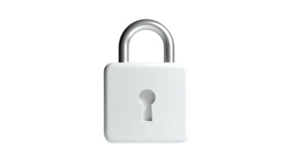 A glossy, white padlock with a silver shackle, centered on a stark black background