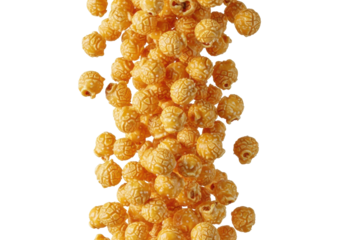 voluminous, buttered mushroom popcorn kernels suspended mid-flight, covered in salt crystals, with rim lighting on a white backdrop, demonstrating zero-gravity cinematic food concept for premium