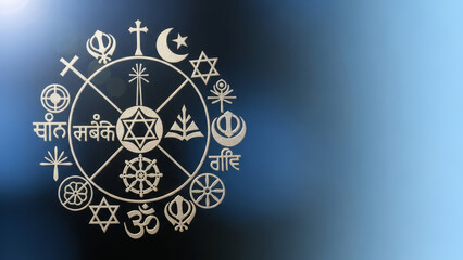 Fototapeta premium Religious symbols representing unity and peace for World Religion Day celebration with diverse beliefs, depicting various faiths including Christianity, Islam, Hinduism, and Buddhism.