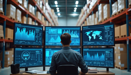 Man studies graphs on multiple screens in warehouse. Person analyzes data, charts, world map on computer monitors. Logistics control center displays inventory information.