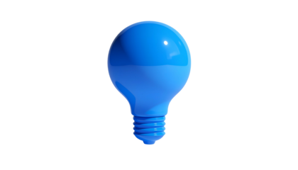 A vibrant blue lightbulb stands out against a stark black background, glossy & illuminated