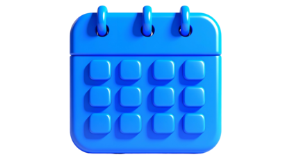 3D-rendered, solid blue, simplified calendar icon with rounded edges, on a black background