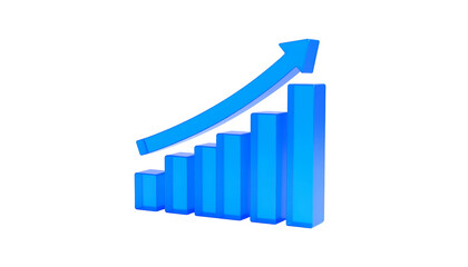 3D blue bar graph with upward trending arrow on a black background