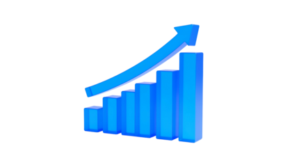 3D blue bar graph with upward trending arrow on a black background