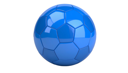 A glossy blue, spherical object comprised of hexagonal and pentagonal shapes against black