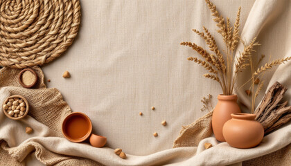 Natural rustic still life with dried wheat, clay pots, chickpeas, and textured fabric creating warm, cozy, and tactile background scene