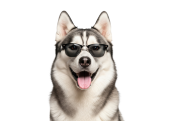 close-up studio portrait of a majestic siberian husky, white/gray fur, wearing black wayfarer sunglasses, smiling happily on a transparent background with copy space. humorous animal fashion concept