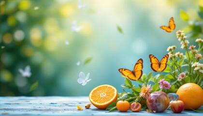 Orange butterfly with flowers and fresh fruit on wooden table in soft natural light, creating peaceful and vibrant outdoor scene