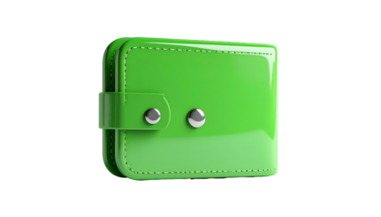 Glossy green wallet with silver snap closure, isolated on black background