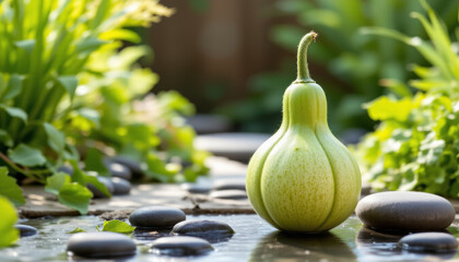 Green gourd surrounded by smooth black stones and lush green plants creating peaceful and natural garden scene with soft sunlight glow
