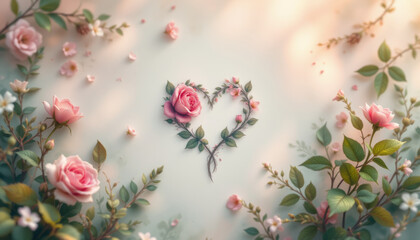 Romantic heart shape made of pink rose and green leaves surrounded by soft pastel flowers and gentle light creating serene mood