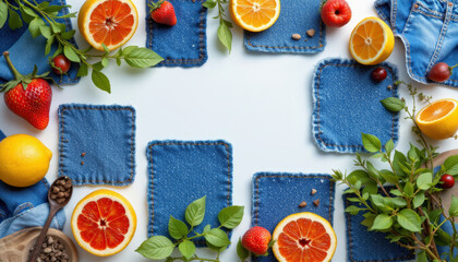 Fresh citrus fruits and strawberries surround denim fabric squares with green leaves, creating vibrant and refreshing natural composition