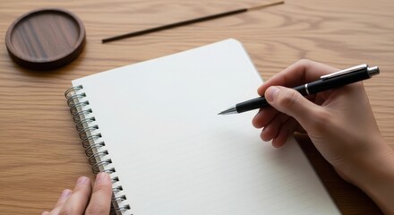 Person writing in blank notebook with pen on wooden desk