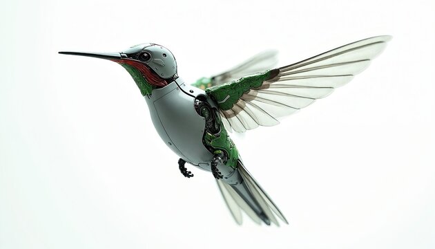 Mechanical hummingbird bot flies solo against white background. Futuristic drone bird, artificial intelligence engineering, innovation in robotics, small robot with wings.