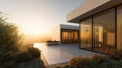 Fototapeta premium Sleek contemporary home architecture ideas embracing open concept living spaces and a serene golden hour ambiance