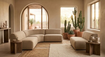 Fototapeta premium Modern Minimalist Living Room with Beige Sofa and Cactus Decor