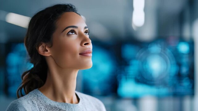 A thoughtful professional woman gazes upward, symbolizing ambition and innovation in a high tech workspace. The scene conveys inspiration, leadership, and future oriented thinking