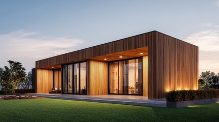 Fototapeta premium A captivating modern single-story residence featuring an innovative wood slat exterior and impressive glass doors