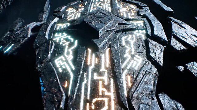 A jagged rocky surface glows with neon blue and orange circuit-like veins, sci-fi textures and glow!
