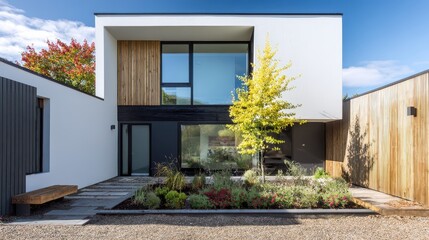 Modern two-story house exterior design featuring white dark tones natural wood and a charming front garden