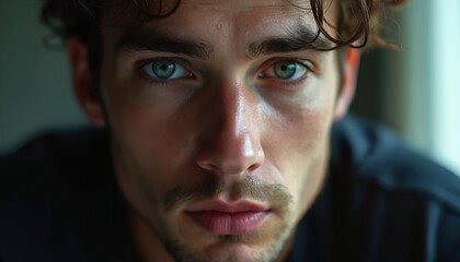 Young man with intense gaze stares directly forward. His striking eyes, one blue and one green, capture attention. Stubble and curly hair frame his face, conveying raw emotion.