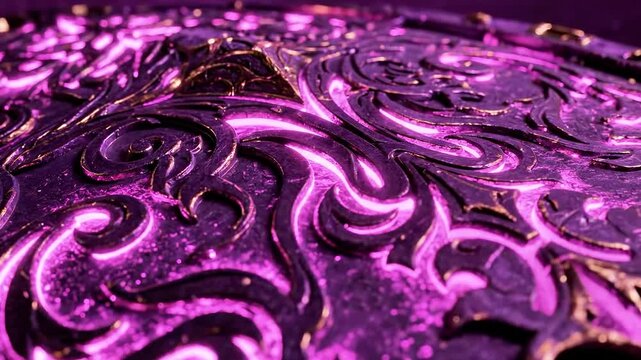 Close-up of a rich purple fabric with swirling arabesque patterns and metallic, glossy depth, soft.