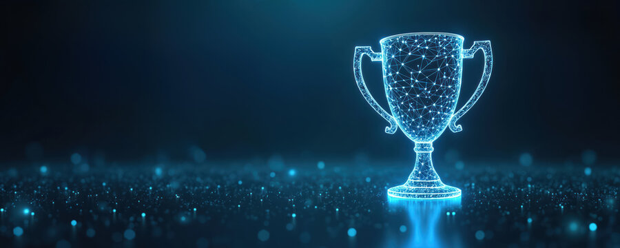 Abstract low poly trophy glows blue on dark background. Digital network of dots and lines forms award symbol. Futuristic concept for digital achievement and virtual success.