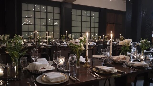 Formal Long Table Dinner In Loft, Event Planner Finalizing Seating, MaTre D Adjusting Candles, Caterer Inspecting Glassware Candlelit