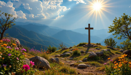 Mountain landscape with wooden cross on hilltop surrounded by colorful flowers under bright sun rays and blue sky